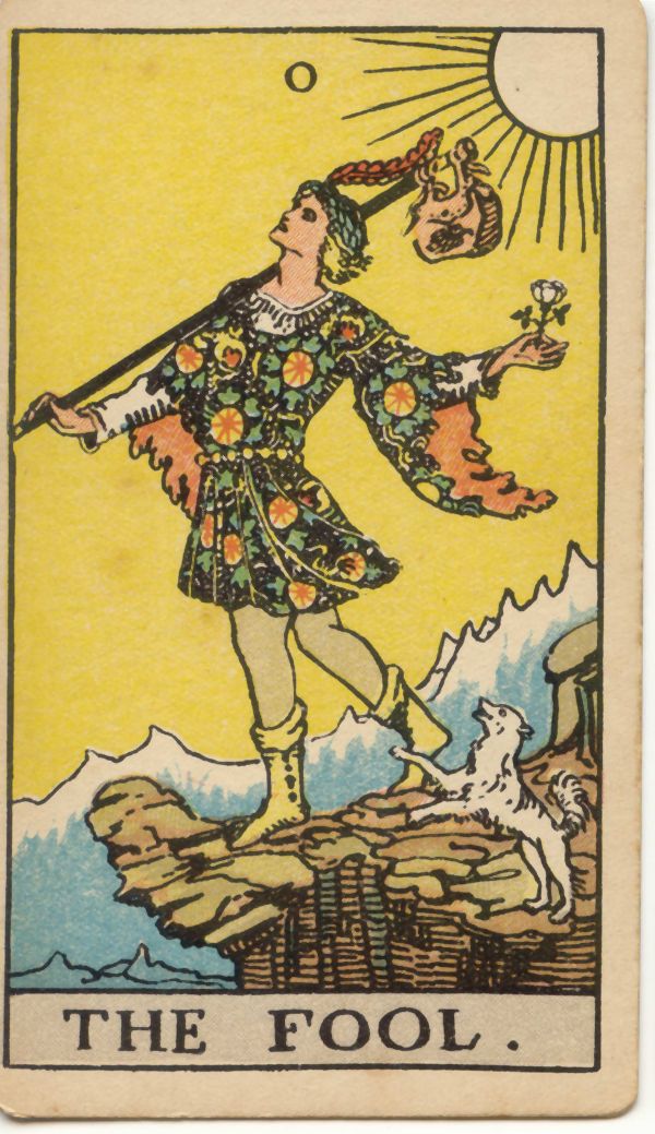 愚者（The Fool）の原画。1909年 Rider 社刊、Pamela Colman Smith 画