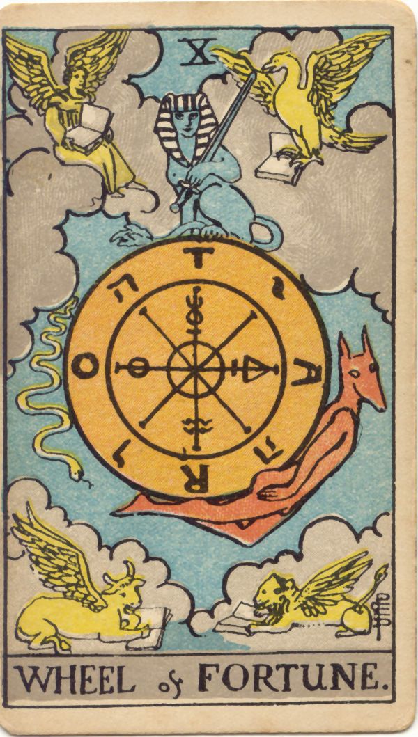 運命の輪（Wheel of Fortune）の原画。1909年 Rider 社刊、Pamela Colman Smith 画