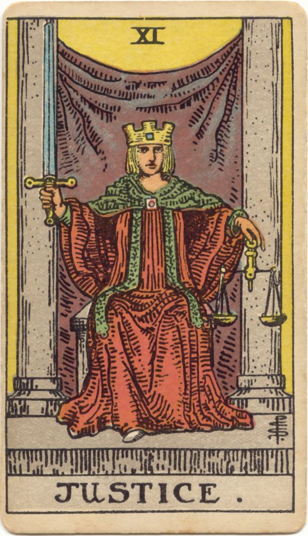 正義（Justice）の原画。1909年 Rider 社刊、Pamela Colman Smith 画