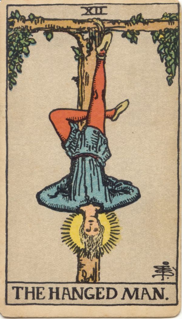 吊るされた男（The Hanged Man）の原画。1909年 Rider 社刊、Pamela Colman Smith 画