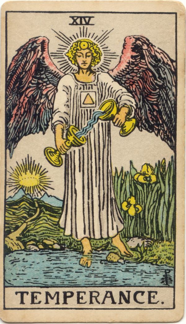 節制（Temperance）の原画。1909年 Rider 社刊、Pamela Colman Smith 画