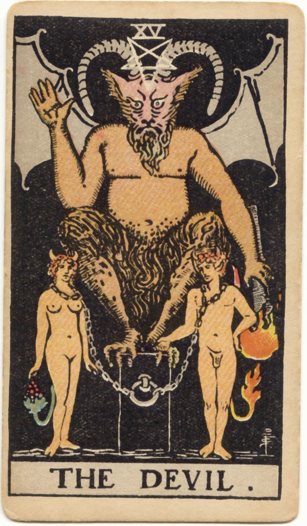 悪魔（The Devil）の原画。1909年 Rider 社刊、Pamela Colman Smith 画