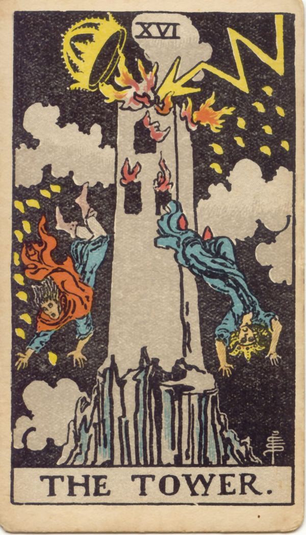 塔（The Tower）の原画。1909年 Rider 社刊、Pamela Colman Smith 画