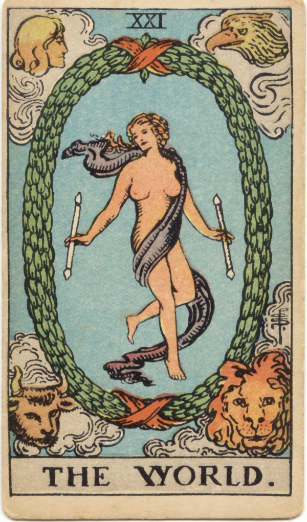 世界（The World）の原画。1909年 Rider 社刊、Pamela Colman Smith 画