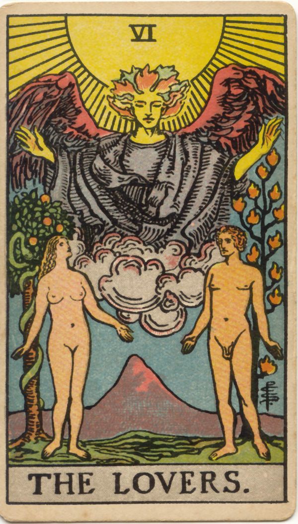 恋人(The Lovers)の原画。1909年 Rider 社刊、Pamela Colman Smith 画