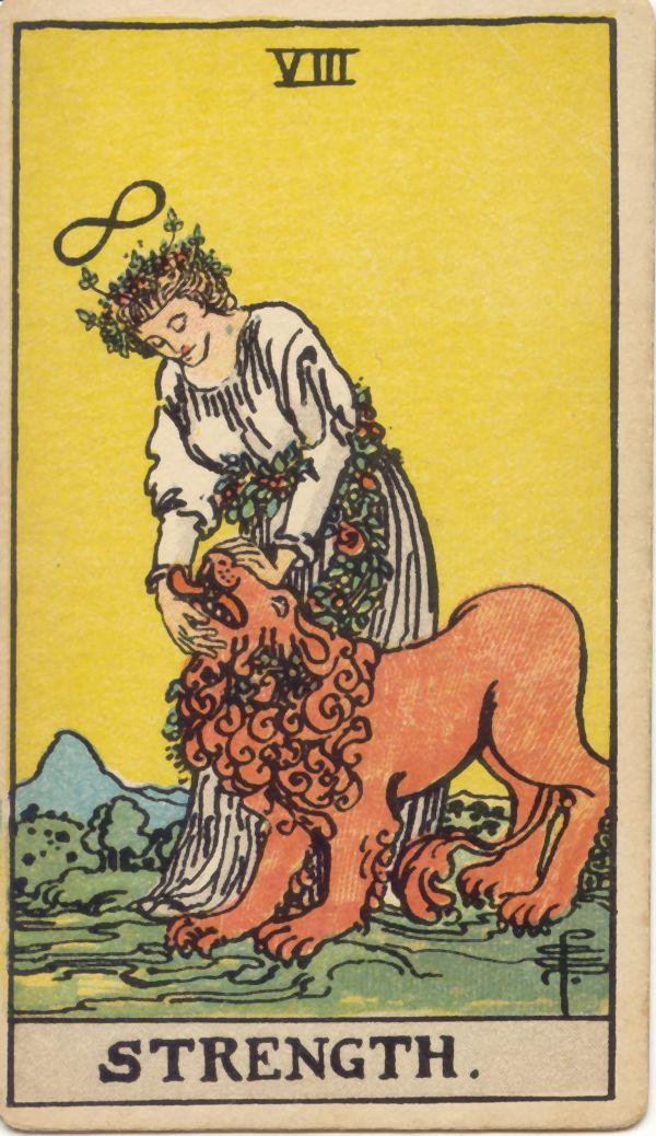 力（Strength）の原画。1909年 Rider 社刊、Pamela Colman Smith 画